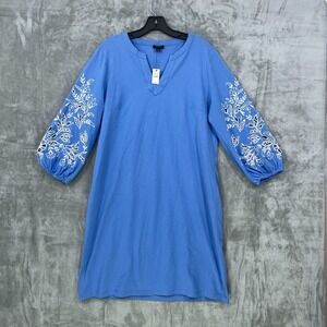 NWT Talbots Embroidered Shift Dress Size L  100% Cotton Knee Length Blue NEW